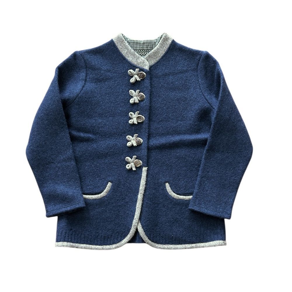 Handstrickerei Irmtraud Lanz Blue Wool Jacket Beige Trim Women’s L - Picture 15 of 16